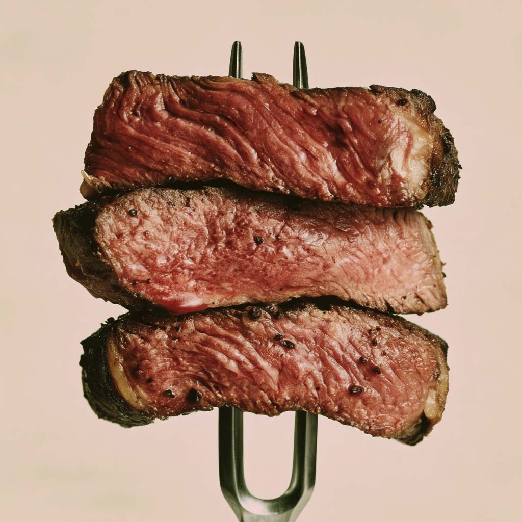 a close up studio shot shows three thick slices of medium rare beef steak stacked vertically on a metal carving fork.